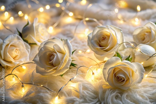 High angle soft white roses and fairy lights in cozy ambience