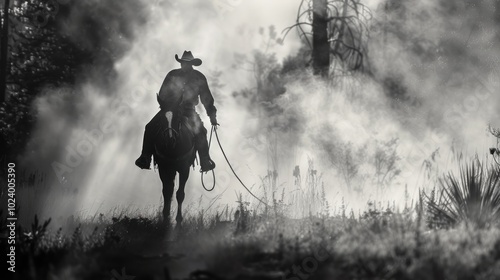 Cowboy Riding Through a Misty Forest