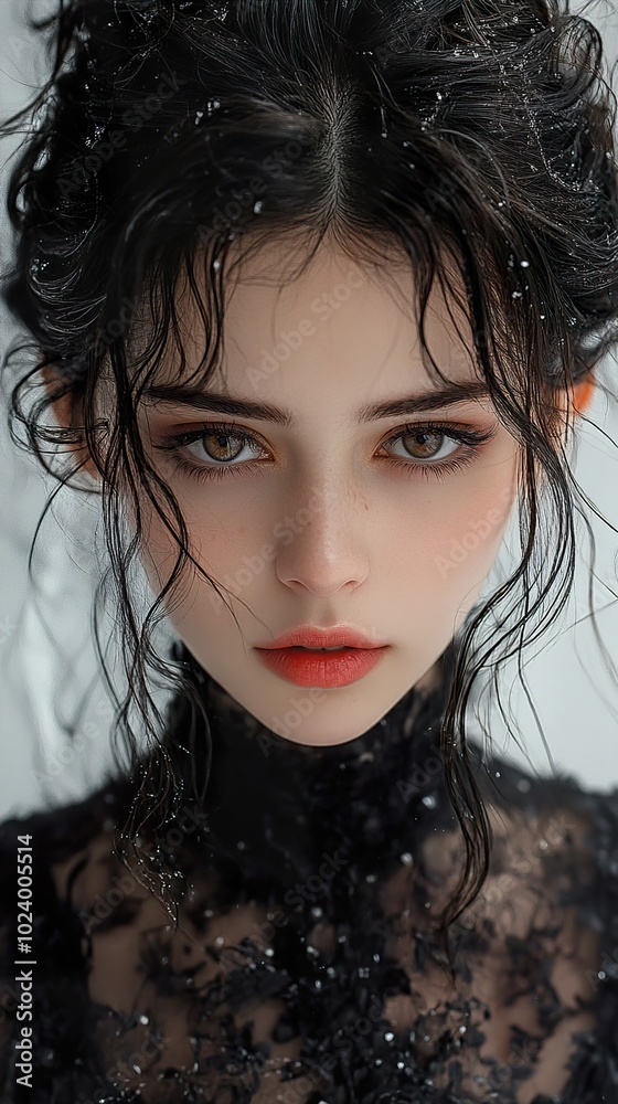 Portrait of a Beautiful Woman with Long Curly Black Hair Portrait of a Beautiful Woman with Long Curly Black Hair