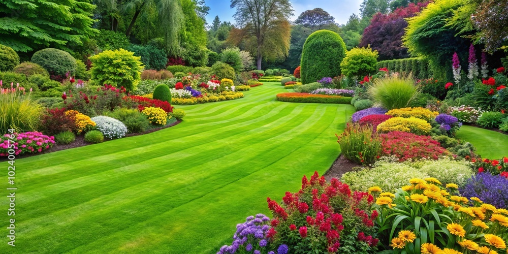 Obraz premium A Vibrant Tapestry of Blossoms and Lush Green Lawns, A Symphony of Nature's Beauty in Full Bloom