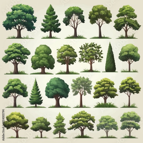 Forest trees. Green tree, forests composition and isolated trees cartoon vector illustration set. Forest trees. Foresting botanical woodland or park green tree trunk signs. JPEG version