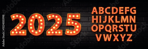 Vector realistic isolated 2025 marqueen neon sign with alphabet font on the wall background.