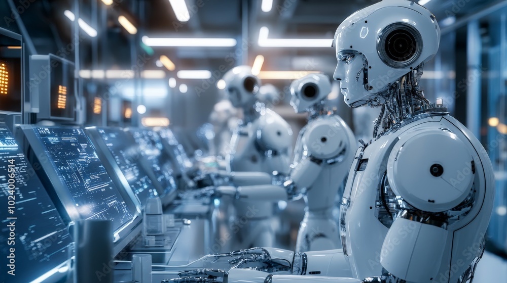 AI-created futuristic research facility with robots working alongside scientists, surrounded by advanced technology.