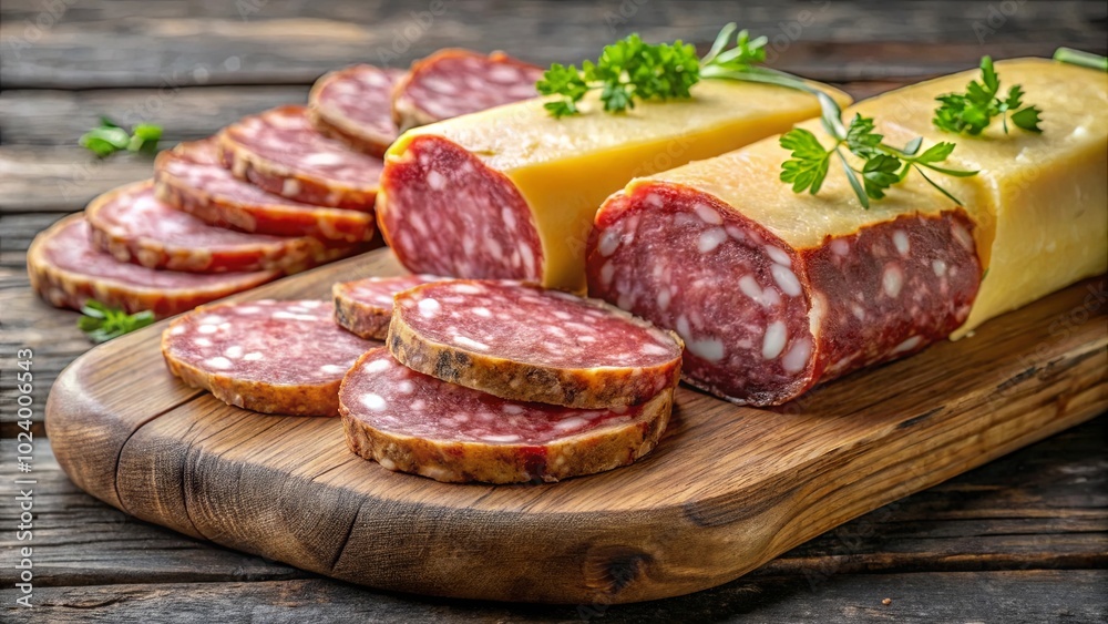 Aromatic Salami Slices and Cylinders Nestled on a Rustic Wooden Board, Decorated with Sprigs of Fresh Greenery Aromatic Salami Slices and Cylinders Nestled on a Rustic Wooden Board, Decorated with Sprigs of Fresh Greenery