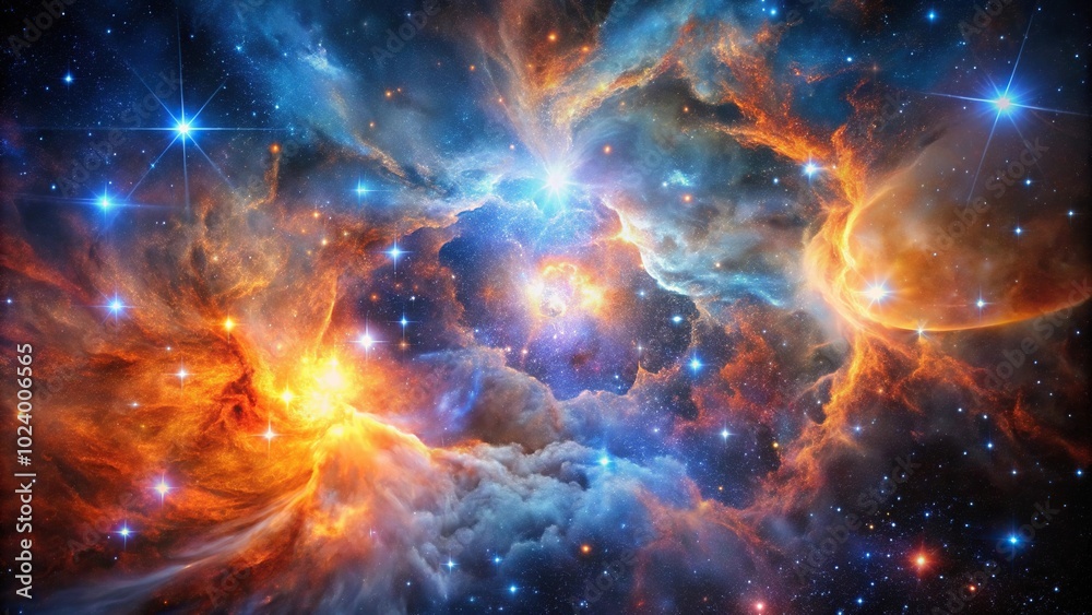 High angle view of a cosmic nebula with vibrant colors of fire and ice forming stellar regions High angle view of a cosmic nebula with vibrant colors of fire and ice forming stellar regions