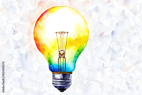 Watercolor illustration of colorful glowing a light bulb on a white background .Education Thinking Icon innovation Idea Creative mind concept