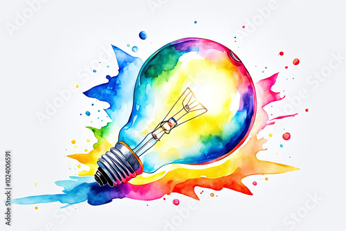 Watercolor illustration of colorful glowing a light bulb on a white background .Education Thinking Icon innovation Idea Creative mind concept