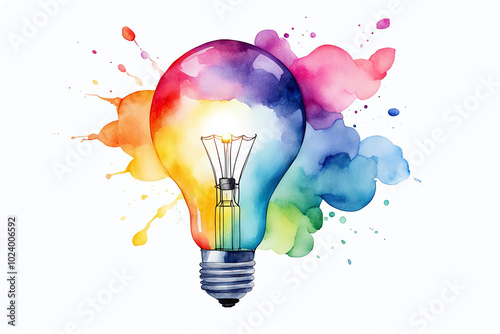 Watercolor illustration of colorful glowing a light bulb on a white background .Education Thinking Icon innovation Idea Creative mind concept