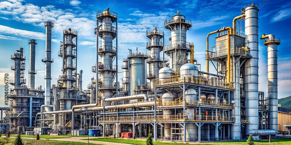 A sprawling industrial complex with towering steel structures and intricate pipework, a testament to human ingenuity and technological prowess A sprawling industrial complex with towering steel structures and intricate pipework, a testament to human ingenuity and technological prowess