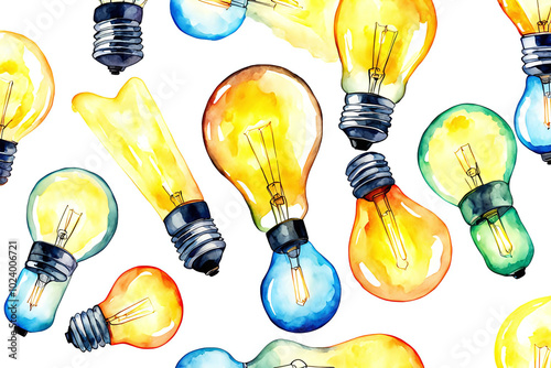 Watercolor illustration of colorful glowing a light bulb on a white background .Education Thinking Icon innovation Idea Creative mind concept