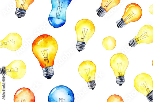 Watercolor illustration of colorful glowing a light bulb on a white background .Education Thinking Icon innovation Idea Creative mind concept