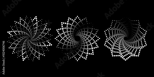 Set of black zigzag dotted vortex shapes. Geometric art. Halftone dots. Trendy design element for logo, tattoo, sign, symbol, web, prints, posters, social media, template, pattern, background