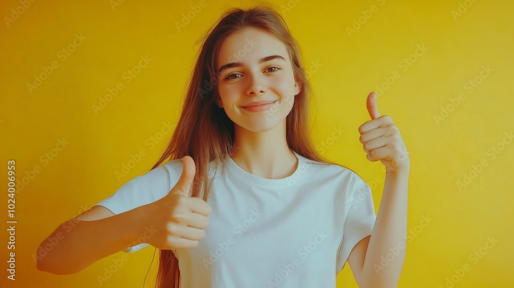 Girl giving double thumbs up on yellow background Girl giving double thumbs up on yellow background