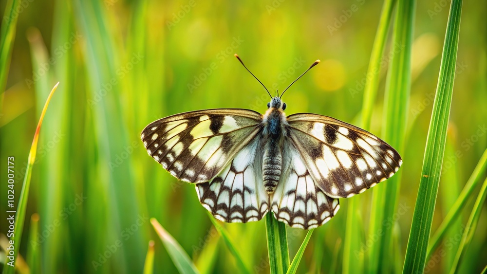 Obraz premium High angle view of a Marbled White Butterfly resting on grass blade in meadow