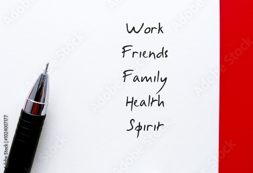 Notebook with text written HEALTH FRIENDS FAMILY WORK SPIRIT - concept of balancing all aspects of life , and decide which are more valuable to get them higher priority photo