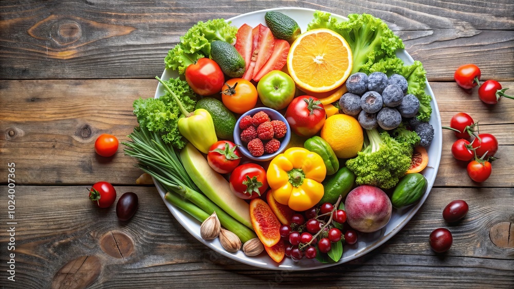 A Colorful Array of Fresh Fruits and Vegetables on a White Plate, Nestled Amongst a Wooden Background A Colorful Array of Fresh Fruits and Vegetables on a White Plate, Nestled Amongst a Wooden Background