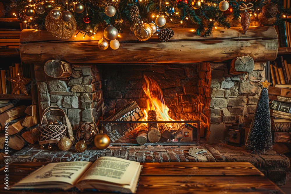 Obraz premium Fireplace with Christmas ornaments. Open storybook lying on a wooden bench by the fireside. Cozy relaxed magical atmosphere in a chalet house decorated for Christmas. Holiday concept.