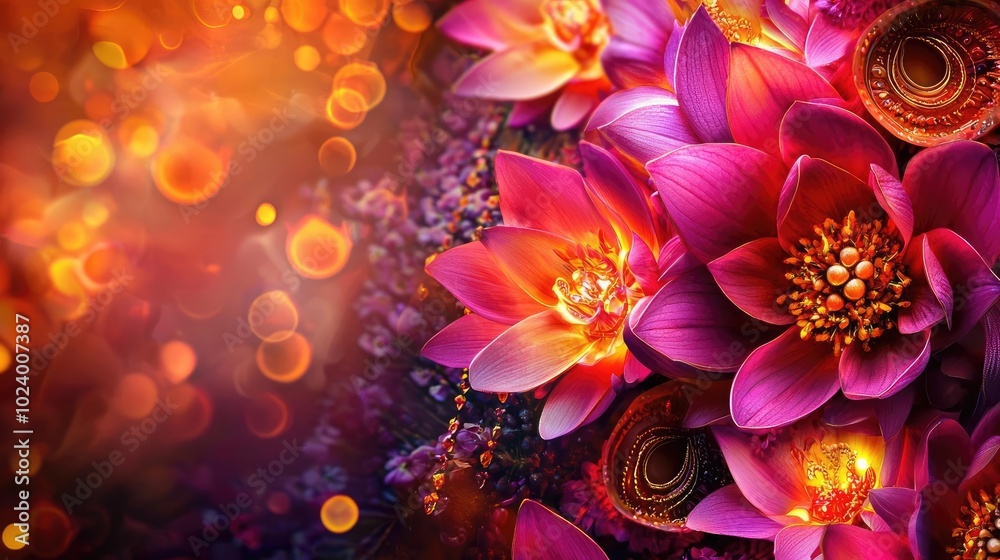 Vibrant pink lotus flowers bloom against a soft, dreamy background of warm colors and glowing lights. Perfect for nature lovers.