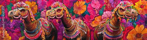 Colorful camels adorned with vibrant decorations against a backdrop of blooming flowers, creating a joyful and festive atmosphere.