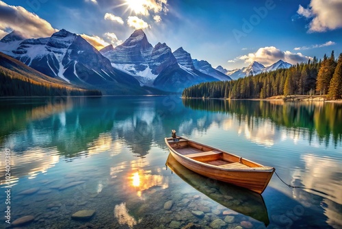 High angle view of a peaceful mountain lake with a rowboat and snow-capped peaks in the background