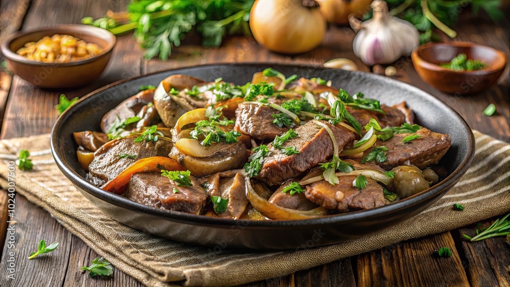 Savory Slices of Braised Meat, Mushrooms, and Onions Garnished with Fresh Herbs in a Rustic Setting Savory Slices of Braised Meat, Mushrooms, and Onions Garnished with Fresh Herbs in a Rustic Setting