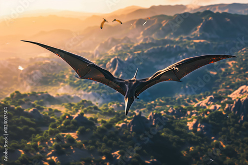 Flying pterodactyl over the land. Extinct dinosaurs. photo