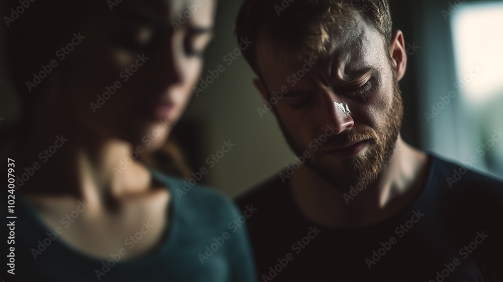 Woman in emotional distress with a man in background Woman in emotional distress with a man in background