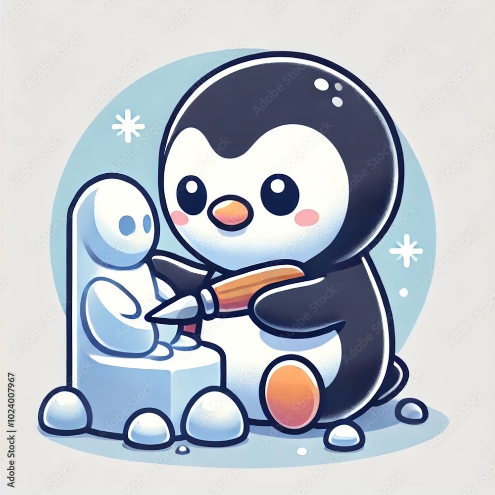 Obraz premium 雪像をつくるペンギンのイラスト