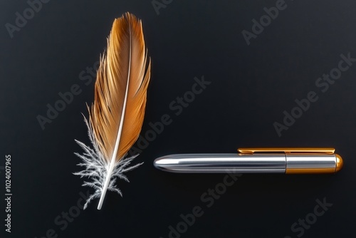 A minimalist design showing a single feather quill pen next to a sleek, modern stylus on a clean surface photo