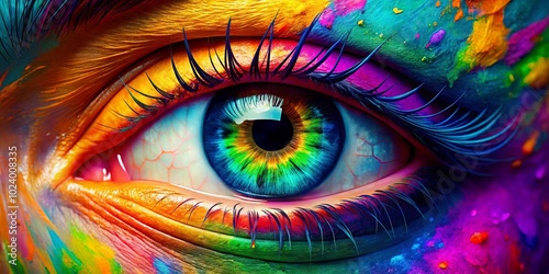 A Vivid Spectrum of Color Painted Across an Open Eye, Capturing the Intricacy of Human Perception