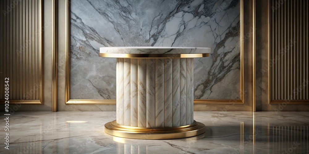 A Polished Marble Pedestal With Gilded Accents, A Minimalist Display Platform In A Luxurious Setting A Polished Marble Pedestal With Gilded Accents, A Minimalist Display Platform In A Luxurious Setting