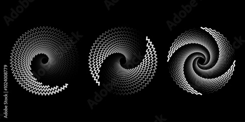 Set of white zigzag dotted lines in vortex form. Geometric art. Halftone dots. Trendy design element for logo, tattoo, sign, symbol, web, prints, posters, social media, template, pattern, background