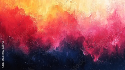 Abstract painting with vibrant colors of red, orange, yellow, and blue in a cloudy, textured style.