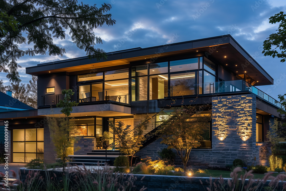 Contemporary two-story home with a floating staircase, cantilevered balcony, and dark stone cladding, enhanced by ambient lighting that highlights the architectural details. Contemporary two-story home with a floating staircase, cantilevered balcony, and dark stone cladding, enhanced by ambient lighting that highlights the architectural details.