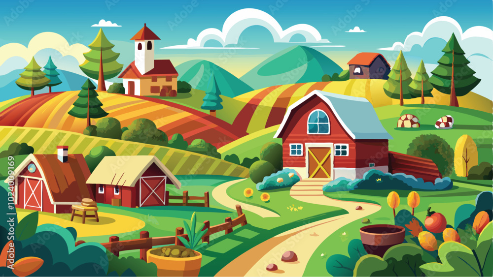 Picturesque Countryside Farm Vector Art Rolling Fields and Rustic Barns in a Scenic Background Picturesque Countryside Farm Vector Art Rolling Fields and Rustic Barns in a Scenic Background