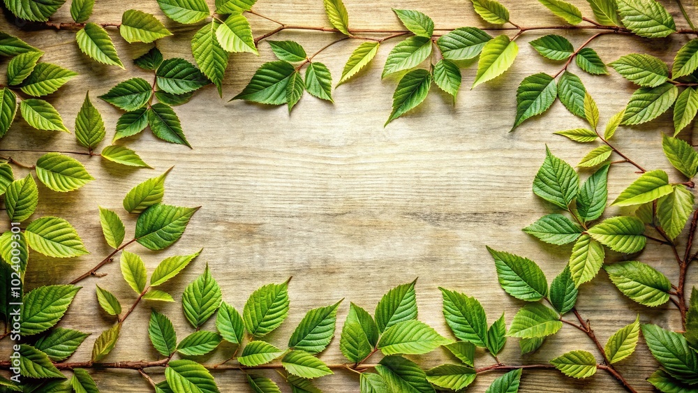 High angle view of antique leaf frame made of fresh branches and green leaves, background High angle view of antique leaf frame made of fresh branches and green leaves, background