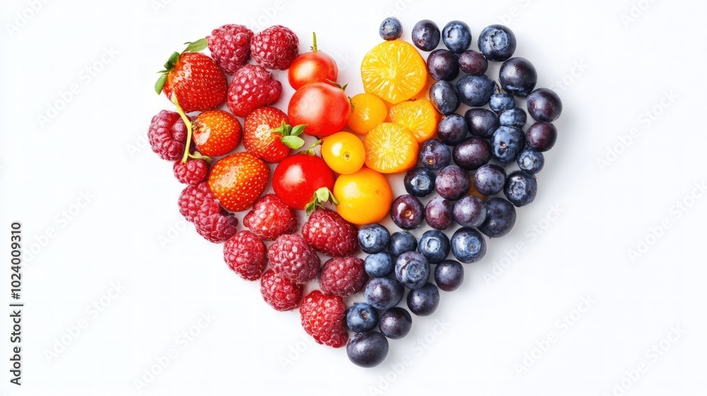 Colorful fresh fruit arranged in a heart shape on a white background. Colorful fresh fruit arranged in a heart shape on a white background.