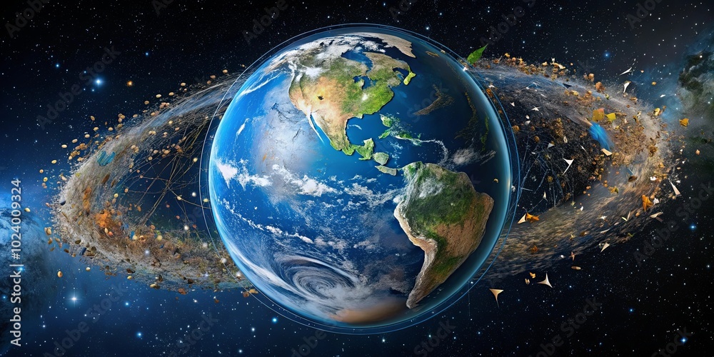 Obraz premium A cosmic ballet of debris, a swirling halo of scattered fragments, orbiting an Earth awash in blue and green.