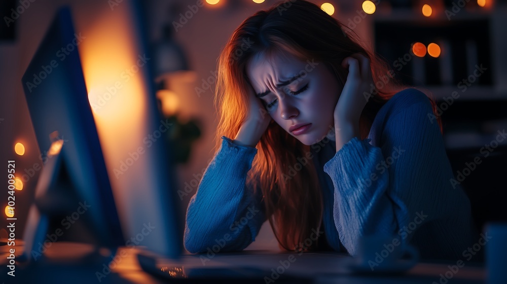 Tired woman working late at night in front of computer Tired woman working late at night in front of computer
