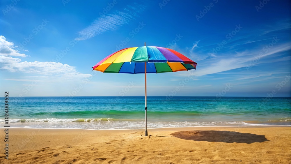 A vibrant rainbow beach umbrella stands tall on a sandy beach, casting a long shadow, with azure water and a sky adorned with cotton-like clouds in the background. A vibrant rainbow beach umbrella stands tall on a sandy beach, casting a long shadow, with azure water and a sky adorned with cotton-like clouds in the background.