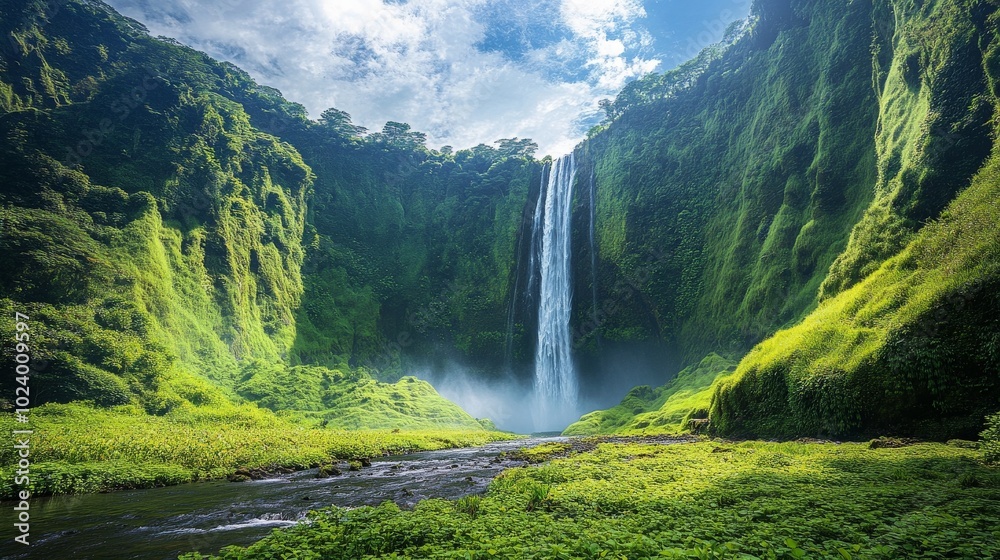 Mystical Waterfall in Lush Green Landscape Mystical Waterfall in Lush Green Landscape