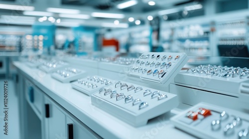 Jewelry display in a store, showcasing rings and accessories on a white countertop.