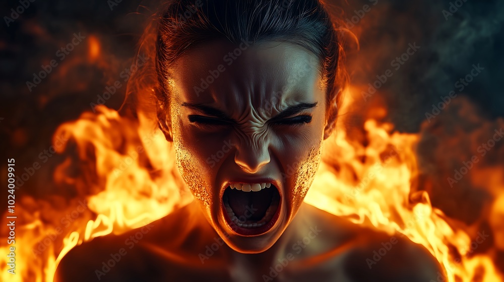 Woman screaming with fire in the background Woman screaming with fire in the background