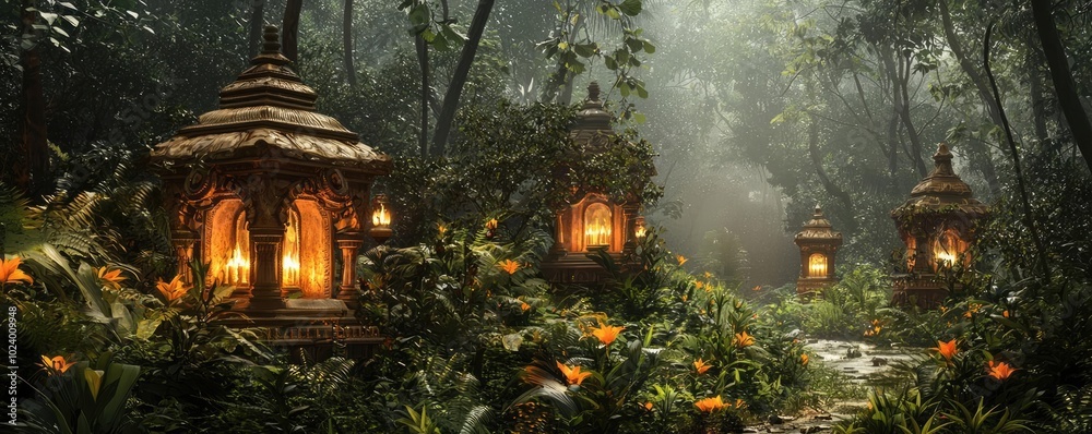 A tranquil forest scene illuminated by glowing lanterns, surrounded by lush greenery and vibrant flowers, evoking a magical ambiance.