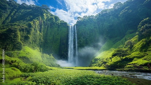 Mystical Waterfall in Lush Green Landscape