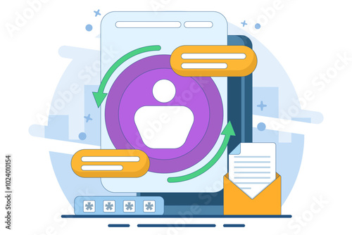 account recovery service concept. recover account information data. sync. profile symbol, with repeating arrows, and information symbol. flat vector illustration on background.