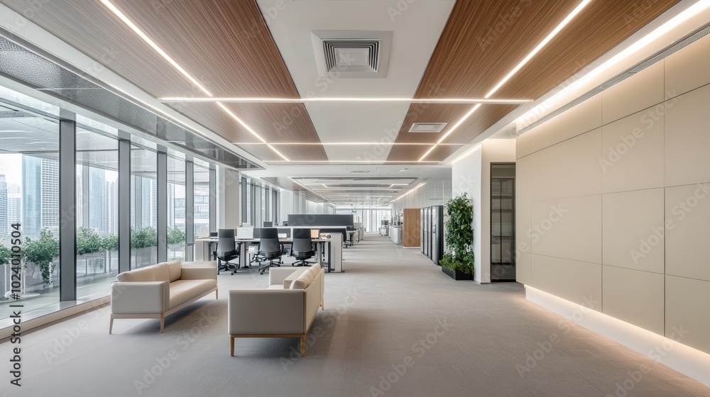 Fototapeta premium Modern office interior with stylish furniture and bright lighting.