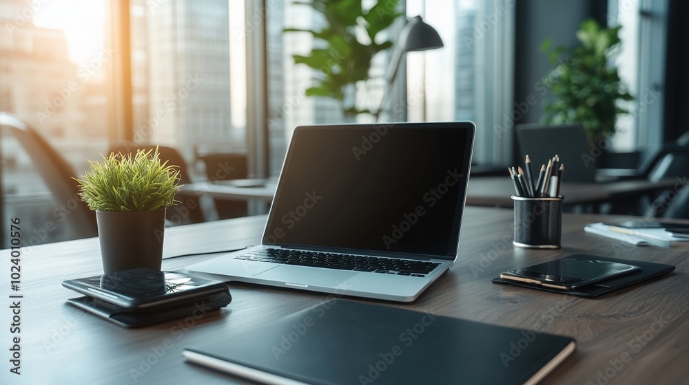 Modern office workspace with laptop, stationery, and indoor plants under natural light. Modern office workspace with laptop, stationery, and indoor plants under natural light.