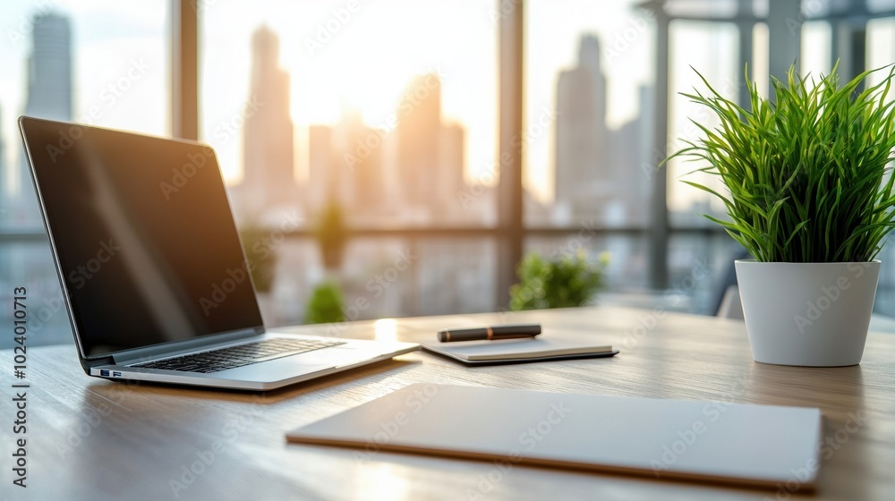 Fototapeta premium Modern workspace with laptop, smartphone, and green plant in bright office setting.
