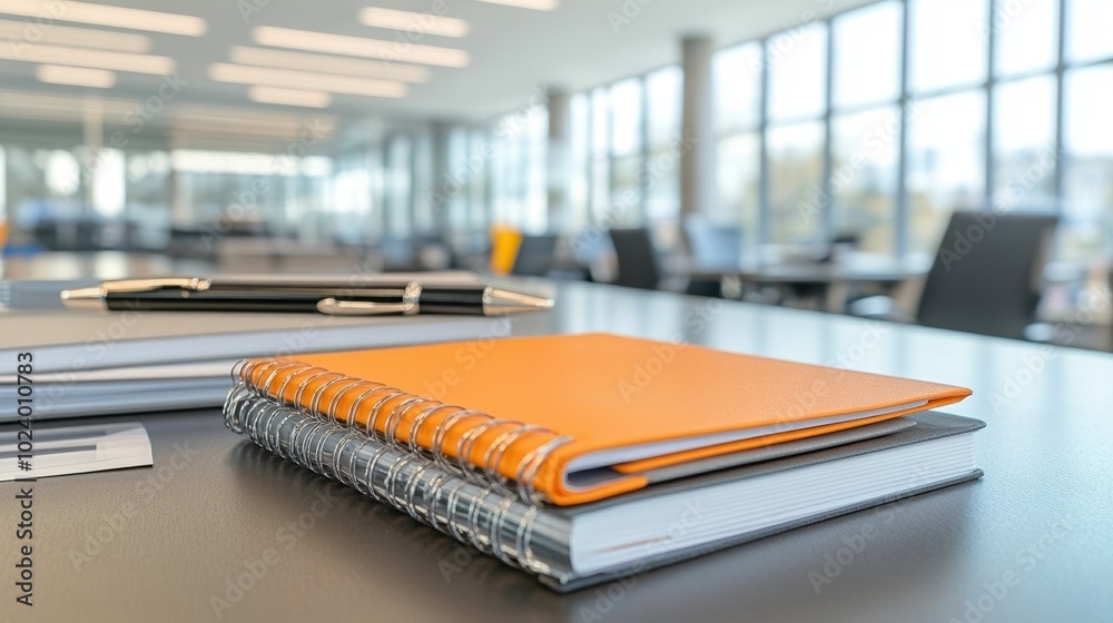 Office workspace with notebooks and pen on a modern desk, natural light from windows. Office workspace with notebooks and pen on a modern desk, natural light from windows.